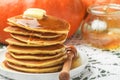 Homemade pumpkin pancakes with butter and honey Royalty Free Stock Photo