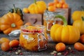 Homemade pumpkin pickle in a glass container on a wooden table