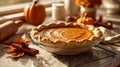 Homemade pumpkin pie cools on a rustic kitchen table with fall decor Royalty Free Stock Photo