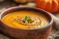 Homemade Pumpkin Soup in Rustic Bowl, Autumn Comfort Food