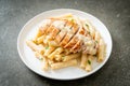 Quadrotto penne pasta white creamy sauce with grilled chicken Royalty Free Stock Photo