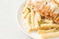 Quadrotto penne pasta white creamy sauce with grilled chicken Royalty Free Stock Photo