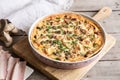 Homemade quiche lorraine with chicken, mushrooms, cheese and bacon. Tart with chicken. Chicken pie. Mushroom pie Royalty Free Stock Photo