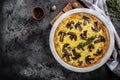 Homemade quiche lorraine with mushrooms, cheese and thyme. Tart with Mushroom pie on dark background. banner, menu recipe place Royalty Free Stock Photo