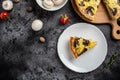 Homemade quiche pie with mushrooms and cheese on dark background, Savory tart pie with mushrooms. Traditional french pie Quiche Royalty Free Stock Photo