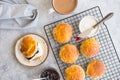 Homemade raisin scones serve with homemade strawberries jam,clotted cream and tea. Scones is English pastry for afternoon Royalty Free Stock Photo