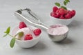 Homemade raspberry ice cream in a white cup on a light background. Stainless steel spoon for ice cream balls. Fresh raspberries Royalty Free Stock Photo