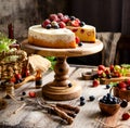 Homemade raspberry sliced biscuit cake with white cream and berries on top on wooden cake stand