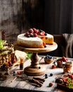 Homemade raspberry sliced biscuit cake with white cream and berries on top on wooden cake stand