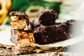 Homemade raw chocolate candy snickers bars. Vegan dessert. Royalty Free Stock Photo