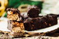 Homemade raw chocolate candy snickers bars. Vegan dessert. Royalty Free Stock Photo