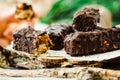 Homemade raw chocolate candy snickers bars. Vegan dessert. Royalty Free Stock Photo