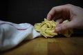 Homemade raw egg noodles on a background