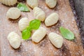 Homemade raw gnocchi with flour and fresh basil closeup Royalty Free Stock Photo