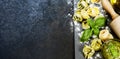 Homemade raw Italian tortellini and basil leaves Royalty Free Stock Photo