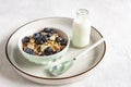 Homemade Ready breakfast granola, muesli with fresh ripe blueberry, white chocolate and milk. Close-up, useful product, background