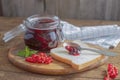 Homemade red currant jam in a glass jar. Toast or bread with marmalade for breakfast. Preparations for the winter from berries and Royalty Free Stock Photo