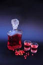 Homemade red currant liqueur and bunches of ripe berries next to two glasses and a glass bottle on a black background Royalty Free Stock Photo