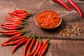 Homemade red Harissa Paste, chili pepper spices and fresh red chilli peppers Royalty Free Stock Photo
