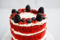 Homemade red velvet cake decorated with berries on a light wooden background Royalty Free Stock Photo