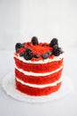 Homemade red velvet cake decorated with berries on a light wooden background Royalty Free Stock Photo
