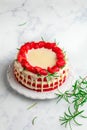 Homemade red velvet cake with white chocolate, fresh strawberries and rosemary Royalty Free Stock Photo