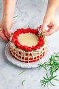 Homemade red velvet cake with white chocolate,  fresh strawberries and rosemary Royalty Free Stock Photo