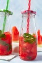 Homemade refreshing drink or lemonade made from watermelon and mint in small bottles. On a blue background