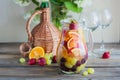 Homemade refreshing fruit sangria or punch with champagne, strawberries, oranges and grapes Royalty Free Stock Photo