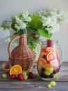 Homemade refreshing fruit sangria or punch with champagne, strawberries, oranges and grapes Royalty Free Stock Photo