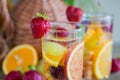 Homemade refreshing fruit sangria or punch with champagne, strawberries, oranges and grapes Royalty Free Stock Photo