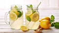 Homemade Refreshing Lemonade Served in Mason Jar Glasses with Organic Ripe Lemon Slices. Generative AI