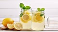 Homemade Refreshing Lemonade Served in Mason Jar Glasses with Organic Ripe Lemon Slices. Generative AI