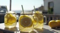 Homemade refreshing summer lemonade drink with lemon slices and ice in mason jars, in open air caffe on sea coast.