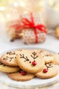 Homemade reindeer cookies on a white plate