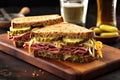 homemade reuben sandwich with corned beef and pickles Royalty Free Stock Photo