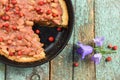 Homemade rhubarb open pie with fresh forest strawberries baked i Royalty Free Stock Photo