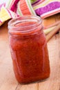 Homemade rhubarb and strawberry jam in jar Royalty Free Stock Photo
