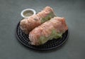 Homemade Riceberry Rice paper Spring rolls stuffed with sliced Chicken and fresh Vegetables served with asian chili sauce Royalty Free Stock Photo