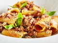 Homemade Rigatoni with Bolognese Sauce and Smoked Pork Belly