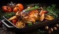 Homemade roast chicken with golden crispy skin, cooked to perfection in a sizzling pan