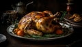 Homemade roast turkey on rustic wood table, a gourmet celebration generated by AI