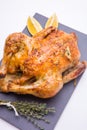 Homemade roasted chicken with lemon on white Royalty Free Stock Photo