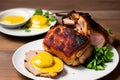 Homemade roasted pork knuckle served with mustard on the plate Royalty Free Stock Photo