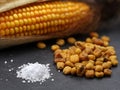 homemade roasted and salted corn nuts on black plate with whole corn on the cob on the background Royalty Free Stock Photo