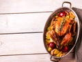 Homemade Roasted Thanksgiving Day Turkey on white wooden background. Royalty Free Stock Photo