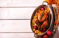 Homemade Roasted Thanksgiving Day Turkey on white wooden background. Royalty Free Stock Photo