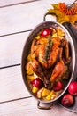 Homemade Roasted Thanksgiving Day Turkey on white wooden background. Royalty Free Stock Photo