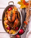 Homemade Roasted Thanksgiving Day Turkey on white wooden background. Royalty Free Stock Photo