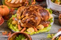 Homemade roasted turkey with other dishes .Thanksgiving Day Royalty Free Stock Photo